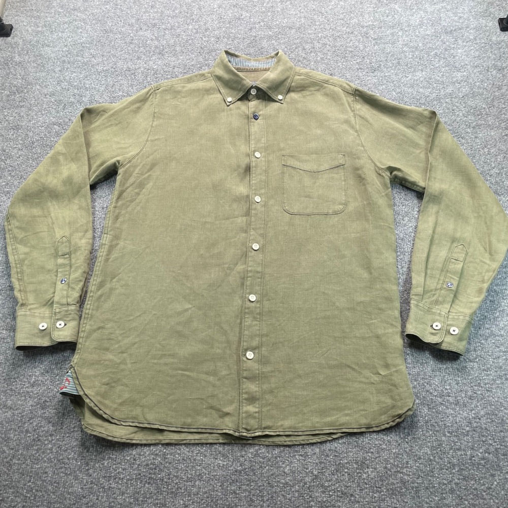 32 Bar Blues Button Down Shirt Mens M Olive Green 100% Linen Long Sleeve Pocket